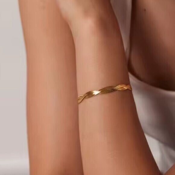 Gold Bracelet Waterproof Braided Herringbone Chain Gold Summer Jewelry PRETTY - Picture 9 of 9